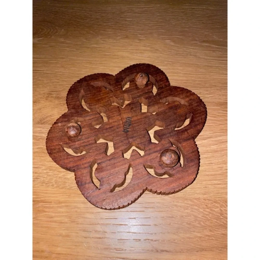Vintage Hand Carved Wood Trivet Floral Inlay India‎ Boho Kitchen Decor